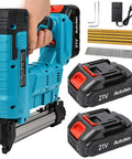 21V Brushless Cordless Electric Nail Gun Brad Nailer Tool For Baseboards And Cabinet Molding with two batteries and fasteners.