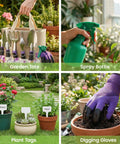 All In One 30 Piece Stainless Steel Garden Tool Set With Non Slip Ergonomic Handles And Vintage Floral Tote Bag A Practical Gift For Women Beginners showing tools, spray bottle, plant tags, and gloves in use