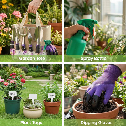 All In One 30 Piece Stainless Steel Garden Tool Set With Non Slip Ergonomic Handles And Vintage Floral Tote Bag A Practical Gift For Women Beginners showing tools, spray bottle, plant tags, and gloves in use