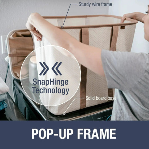 Person setting up a Grab And Go Collapsible Laundry Caddy Tote With Handles, XXL 64L Pop Up Laundry Basket And Hamper on a dryer.