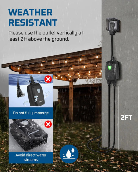 Outdoor Wireless Remote Control Dual 3 Prong Outlet Weatherproof Power Strip With Wall Mount And Handheld Switch Expandable Indoor Outdoor Heavy Duty 15A 1875W 7 Inch Cord 100 Feet Range ETL Listed mounted 2ft above ground in rain