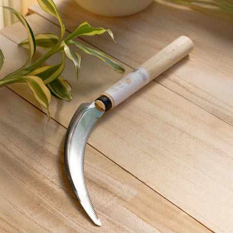 Saw-Tooth Blade Garden Sickle For No-Fuss Weeding And Harvesting Grass Weeds And Perennials, Durable Lightweight Hand Weeder Knife For Tough Stems Vines And Brush, Easy Cut Made In Japan on wooden table