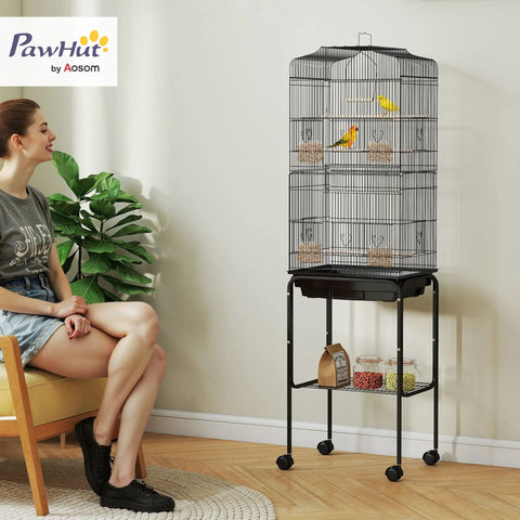 Heavy Duty Sixty Inch Metal Bird Cage With Easy Rolling Stand And Handy Storage Basket For Small Parrots Budgies Plus Full Pet Start Kit Accessories Ready To Treat Your Feathered Crew Black Indoor Flight Habitat