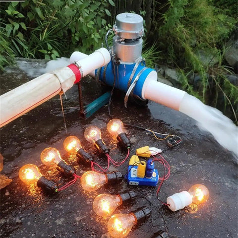 Portable 1000W 110V Water Turbine Generator For Home And Camping Off Grid Ready in use powering light bulbs outdoors