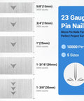 Heavy Hitter 23 Gauge Galvanized Pin Nails Assorted Full Set Micro Headless Finish Fasteners For Electric Brad Nailers and Clean Woodwork Ten Thousand Count Straight Fire Value Pack showing five lengths 5/8" to 1-3/8".