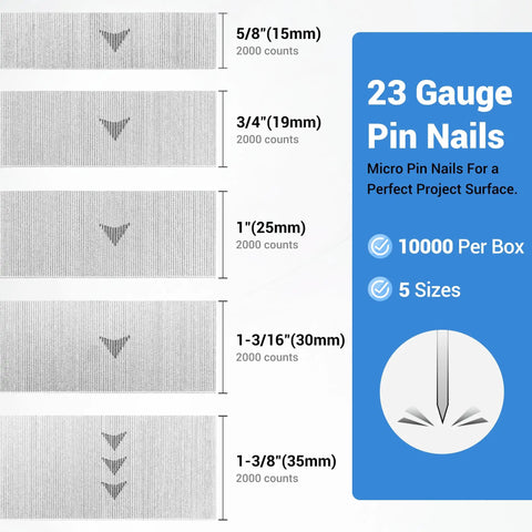 Heavy Hitter 23 Gauge Galvanized Pin Nails Assorted Full Set Micro Headless Finish Fasteners For Electric Brad Nailers and Clean Woodwork Ten Thousand Count Straight Fire Value Pack showing five lengths 5/8" to 1-3/8".