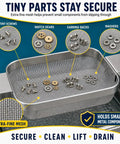 Hella Durable Stainless Steel Fine Mesh Ultrasonic Cleaner Basket, 5X4X3 Inch holding tiny screws, watch gears, earring backs.