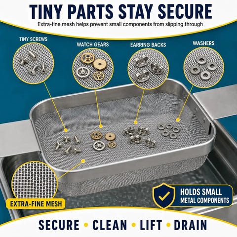 Hella Durable Stainless Steel Fine Mesh Ultrasonic Cleaner Basket, 5X4X3 Inch holding tiny screws, watch gears, earring backs.
