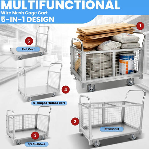 Heavy Duty Platform Truck Cart With 5 In 1 Convertible Cage Folding Flatbed Push Cart For Warehouses 2600 Lb Capacity Extra Large Rolling Hauler Built Tough To Handle Heavy Loads No Sweat