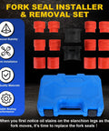 14 Piece Universal Fork Seal Driver Tool Kit for Motorcycle Front Forks 35mm to 50mm displayed with blue case and adapters