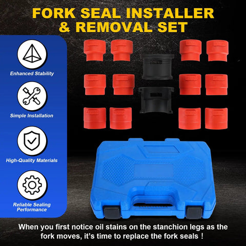 14 Piece Universal Fork Seal Driver Tool Kit for Motorcycle Front Forks 35mm to 50mm displayed with blue case and adapters