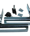 Professional Grade Crown Moulding Stops For Miter Saw Knock Out That Trim Work Fast Easy Vertical Hold Precision Cut Without Bevel Includes Two Pieces Heavy Duty Woodworking - close-up view of two metal stops and accessories.