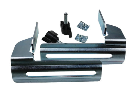 Professional Grade Crown Moulding Stops For Miter Saw Knock Out That Trim Work Fast Easy Vertical Hold Precision Cut Without Bevel Includes Two Pieces Heavy Duty Woodworking - close-up view of two metal stops and accessories.