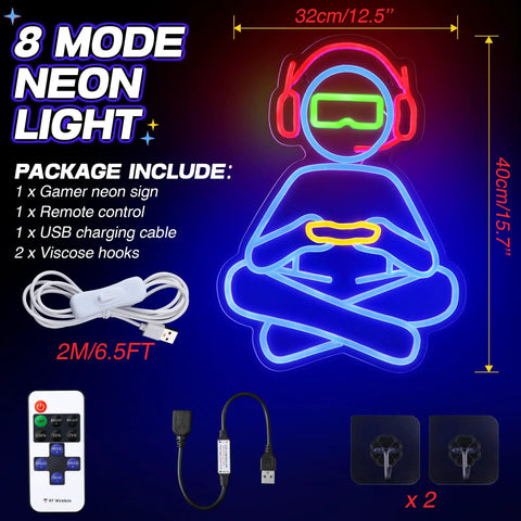 Gamer Neon Sign For Wall Decor 3D Dimmable USB Powered With 8 Modes Control includes sign, remote, cable, and hooks.
