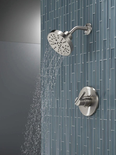 Nicoli 14 Series H2Okinetic shower faucet set with brushed nickel finish includes shower head and handle, valve trim kit.