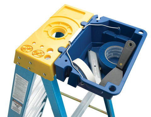 AC52-UB Ladder Accessory Kit with Liquid Holder shown on ladder top with tools and tape, compatible with 6000 6100 6200 6300 series ladders