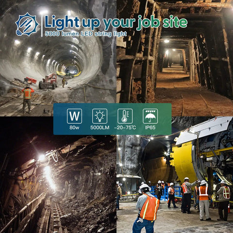 Collage showcasing Ultra Bright 40W LED Construction String Light for 5000 lumens per head in various job site settings