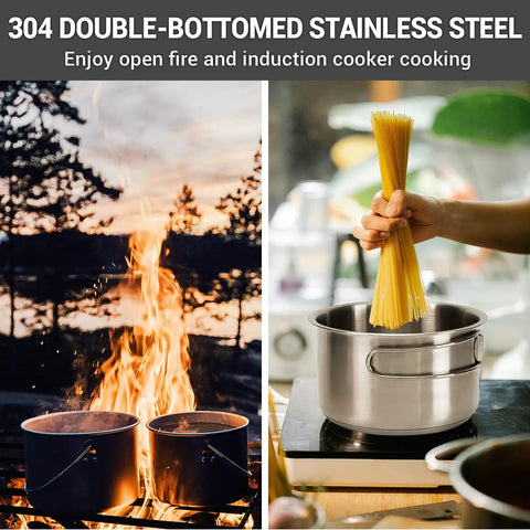 Camping Cookware Set In 304 Stainless Steel with pots on open fire and induction cooker