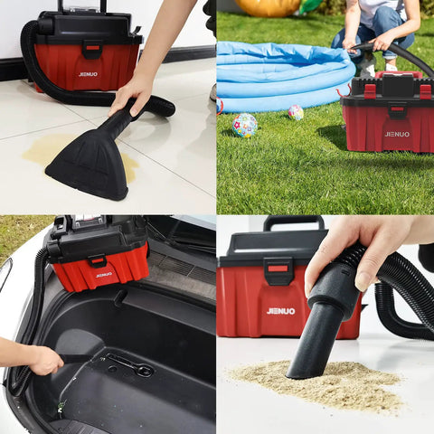 Collage showing Cordless Wet Dry Vacuum Cleaner With Brushless Motor, 20V 2.5 Gallon Shop Vac cleaning various environments.