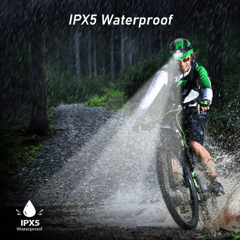 Cyclist in rain using Beefy Rechargeable LED Headlamp With Stepless Dimming 2000 Lumen Beaming Headlight Flashlight for outdoors