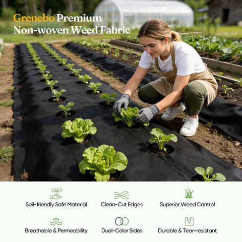 Woman installing Weed Barrier Landscape Fabric 4 Ft By 100 Ft Non Woven Easy To Cut Fray Resistant Breathable with lettuce plants.
