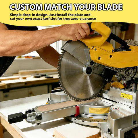 Worker using zero clearance insert for 12 inch sliding compound miter saw, replacement throat plate for clean cuts.