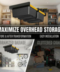 Connectable Overhead Garage Storage Rack With 3 Rails Set For Ceiling Mount Holds 2 Plastic Totes Space Saving Metal Ceiling Organizer System To Free Up Floor Space And Maximize Garage Storage installed in an organized garage.