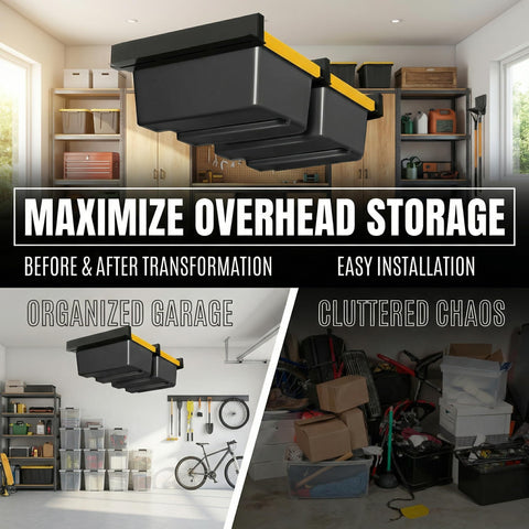 Connectable Overhead Garage Storage Rack With 3 Rails Set For Ceiling Mount Holds 2 Plastic Totes Space Saving Metal Ceiling Organizer System To Free Up Floor Space And Maximize Garage Storage installed in an organized garage.