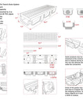 Diagram of HDPE Channel Drain With Grates Two Pack 19.7x5.5x3.7 Inch Trench Drain System With Two Outlet Adapters For Outdoor Yard Pool Sidewalk Patio Fence Drainage, showing measurements and details.