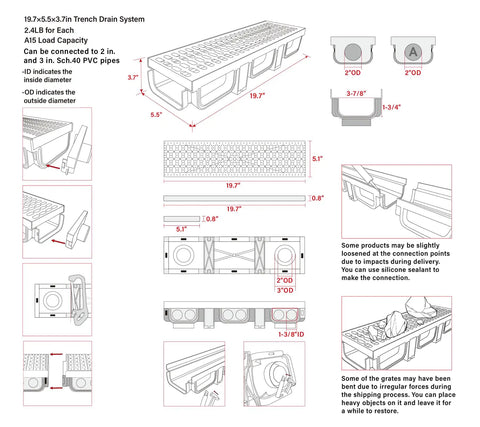 Diagram of HDPE Channel Drain With Grates Two Pack 19.7x5.5x3.7 Inch Trench Drain System With Two Outlet Adapters For Outdoor Yard Pool Sidewalk Patio Fence Drainage, showing measurements and details.
