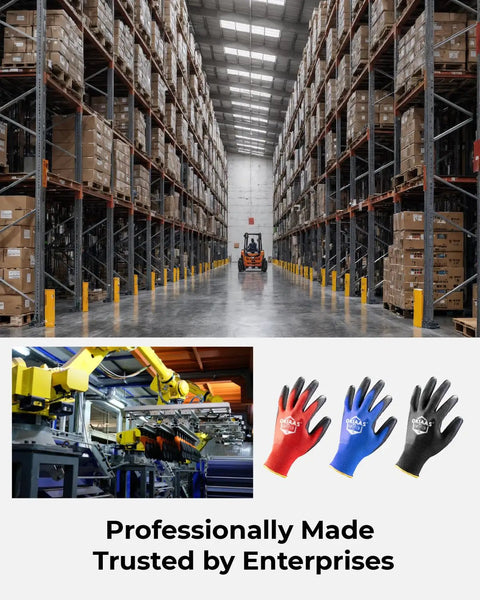 Warehouse with Ultra Thin Lightweight Work Gloves With Grippy Polyurethane Coating for Light Duty Construction 12 Pair Bulk Pack