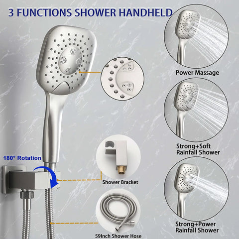 3 functions handheld sprayer with brushed finish, showing power massage, rainfall modes, part of the Brushed Finish Shower System.