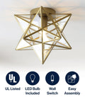 12 Inch Moravian Star LED Flush Mount Ceiling Light Geometric Iron Lantern With Clear Glass Shade For Entryway Hallway Foyer LED Bulb Included Easy Install