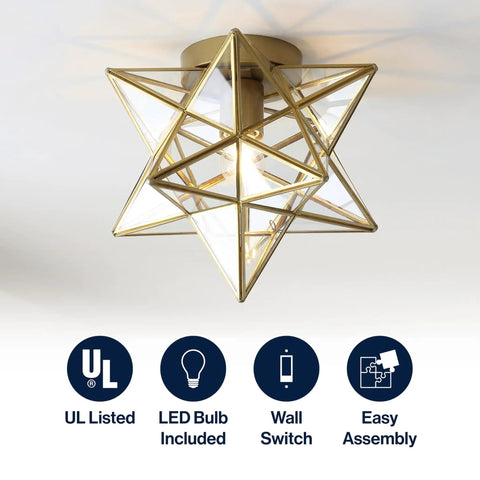 12 Inch Moravian Star LED Flush Mount Ceiling Light Geometric Iron Lantern With Clear Glass Shade For Entryway Hallway Foyer LED Bulb Included Easy Install