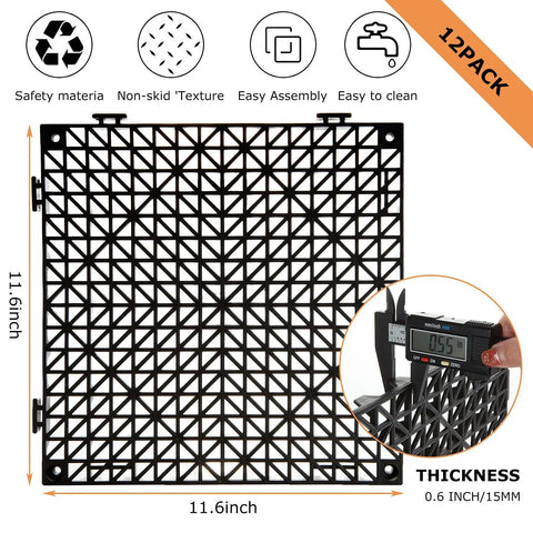 12 Pack Interlocking Floor Tiles 11.8 Inch By 11.8 Inch Rubber Mats, black grid design with thickness gauge, for wet areas.