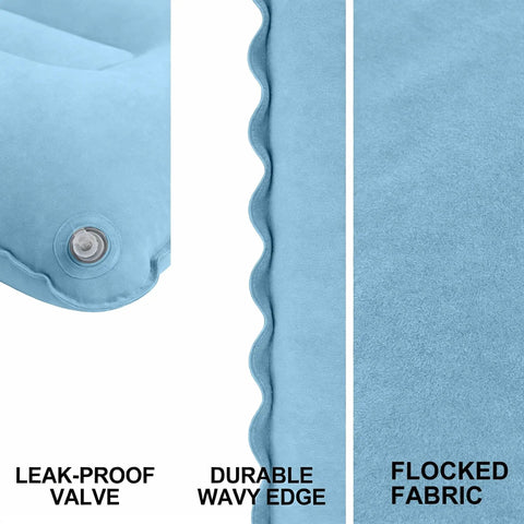Inflatable Travel Pillow With Adjustable Firmness For Custom Neck Support And Easy Deflation, Sky Blue details like leak-proof valve.