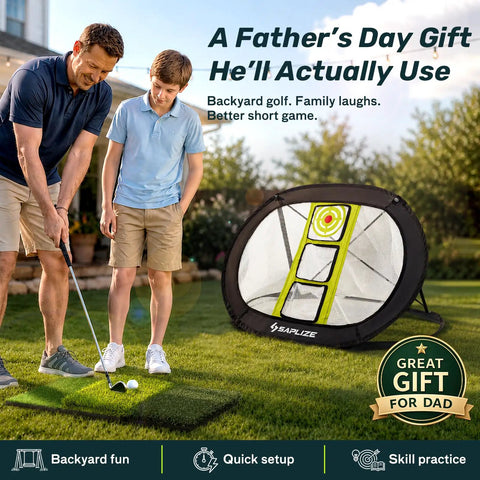 Father and son practicing with Golf Chipping Net for Backyard Practice With Foldable Pop Up Frame Indoor Outdoor Training Aid Multi Target