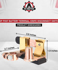 Beefy Top Post Battery Knife Disconnect Switch Isolator For Cars Boats Trucks Marine RVs ATV Camper 12V DC 200 Amp Blade Switch On Off Power Cutoff With Negative Post shown with dimensions 3.6 x 2.7 x 1.9 inches.