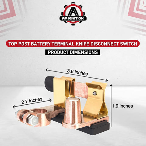 Beefy Top Post Battery Knife Disconnect Switch Isolator For Cars Boats Trucks Marine RVs ATV Camper 12V DC 200 Amp Blade Switch On Off Power Cutoff With Negative Post shown with dimensions 3.6 x 2.7 x 1.9 inches.