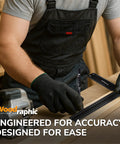 Woodworking square and aluminum 90-degree ruler on wood, held by gloved hands; Woodraphic logo visible.