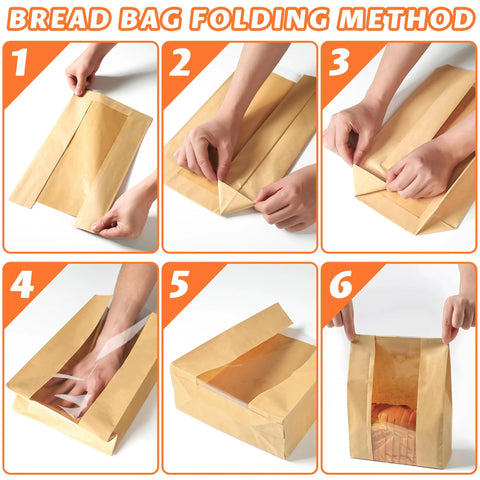 Large Fifty Pack Bread Bags For Homemade Bread With Window Fifty Percent Thicker Tear Resistant 13.7x8.3x3.7in Bakery Bags For Storing Sourdough Cookies And Snacks Plus Sixty Cute Sealing Stickers With Ties displayed with folding method