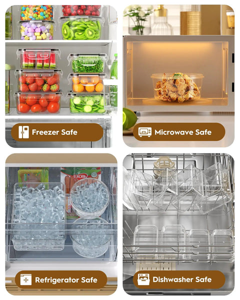 40 Piece Food Storage Containers With Lids Airtight Set in fridge, microwave with meal, freezer with ice packs, dishwasher