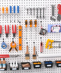 Slick Shop Pegboard Organizer And Hook Lock Kit With Heavy Duty Storage Bins displaying various tools like screwdrivers, pliers and wrenches.