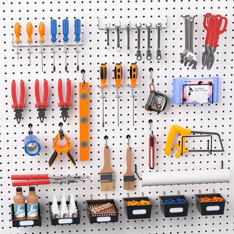 Slick Shop Pegboard Organizer And Hook Lock Kit With Heavy Duty Storage Bins displaying various tools like screwdrivers, pliers and wrenches.