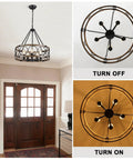 Modern Farmhouse 8 Light Black And Gold Chandelier With Adjustable Rod displayed in an entryway, shown off and on, top view.