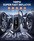 Digital display of 8-In-1 Car Jump Starter with Air Compressor and Tire Inflator, 150 PSI, among various wheels, showcasing versatility.