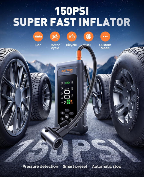 Digital display of 8-In-1 Car Jump Starter with Air Compressor and Tire Inflator, 150 PSI, among various wheels, showcasing versatility.