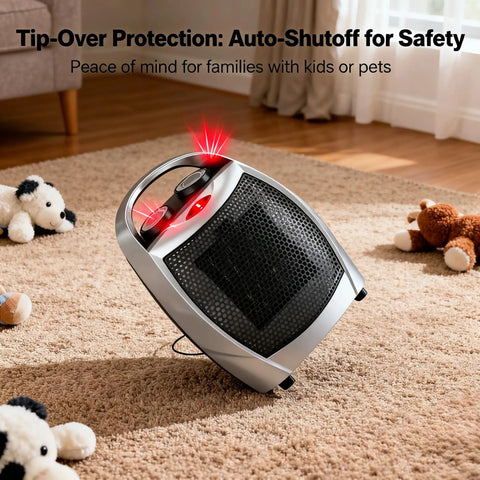 Portable Electric Space Heater With Dual 1500W And 750W Heating, Ceramic Desk Heater, tip-over protection feature demonstrated.