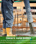 Construction worker using Heavy Duty 15 Mil Concrete Vapor Barrier Plastic Sheeting with rebar and cement pouring at a site