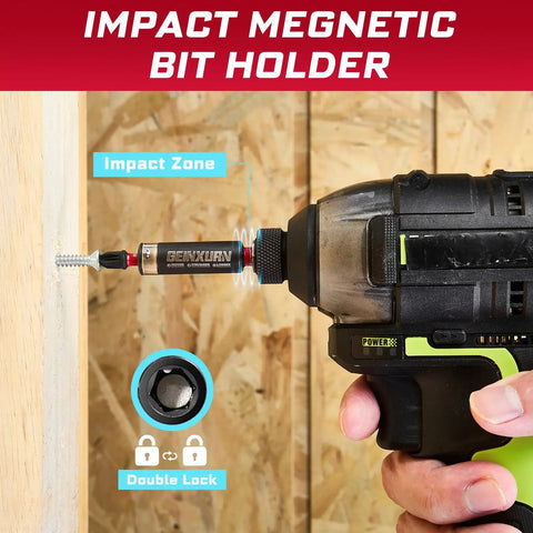 Close-up of 44-Piece Magnetic S2 Impact Screwdriver Bit Set with a drill and magnetic bit holder in use on wood